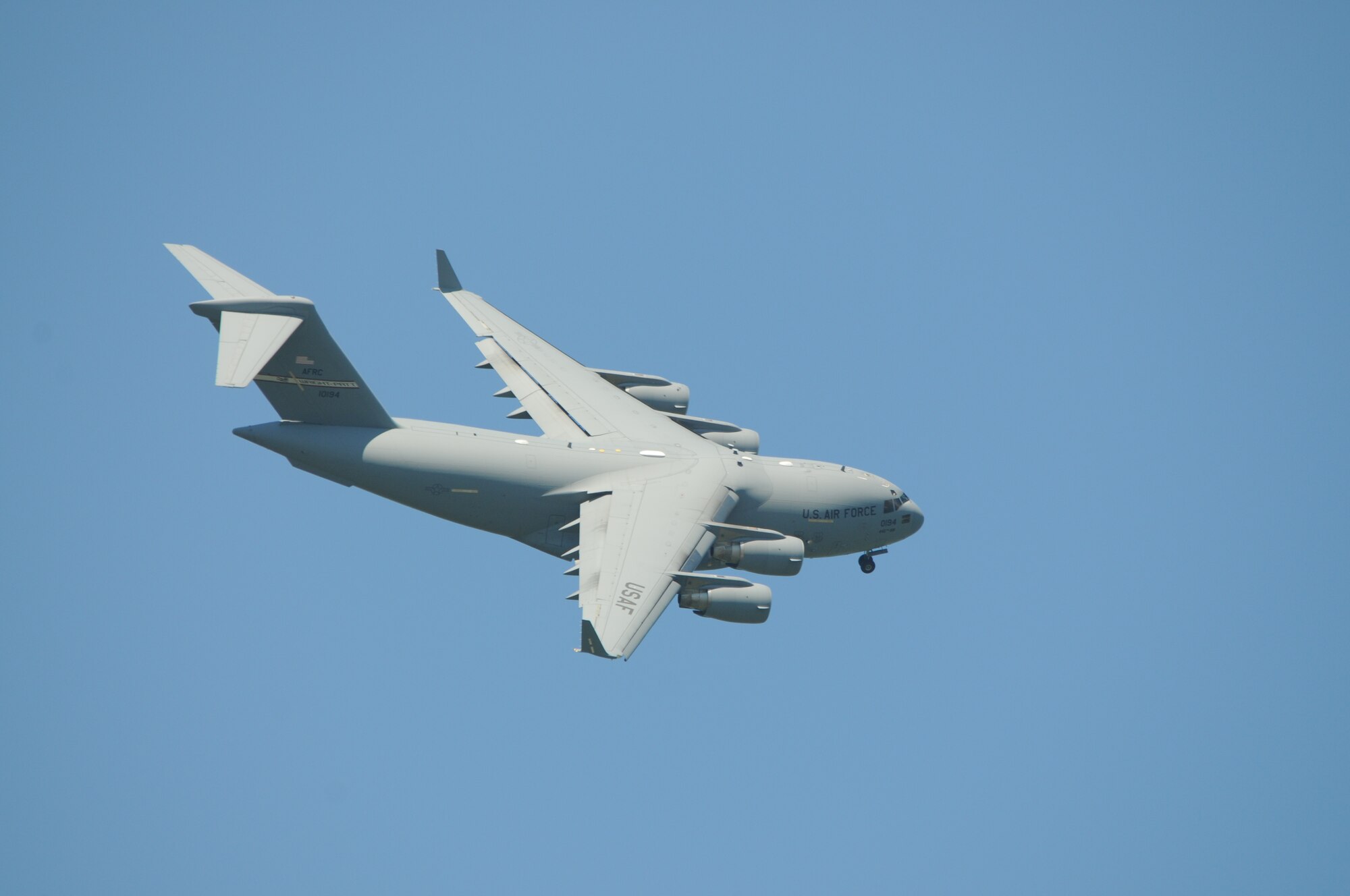 WRIGHT-PATTERSON AIR FORCE BASE, Ohio - A 445th Airlift Wing C-17 Globemaster III takes to the skies of Ohio during a training flight August 1, 2015. The wing currently has nine C-17s, an airframe that provides a major portion of the Air Force's strategic airlift capability. (U.S. Air Force photo/Tech. Sgt. Anthony Springer)
