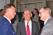 Col. Gregg A. Perez (left), retired Brig. Gen. Peter R. Phillipy (center) and retired Brig. Gen. William J. Boardley converse after the 171st Air Refueling Wing’s Assumption of Command ceremony Coraopolis, Pa. Aug. 2, 2015. Phillipy and Boardley were prior Wing Commanders of the 171st ARW. (U.S. Air National Guard photo by Staff Sgt. Michael P. Fariss/released)