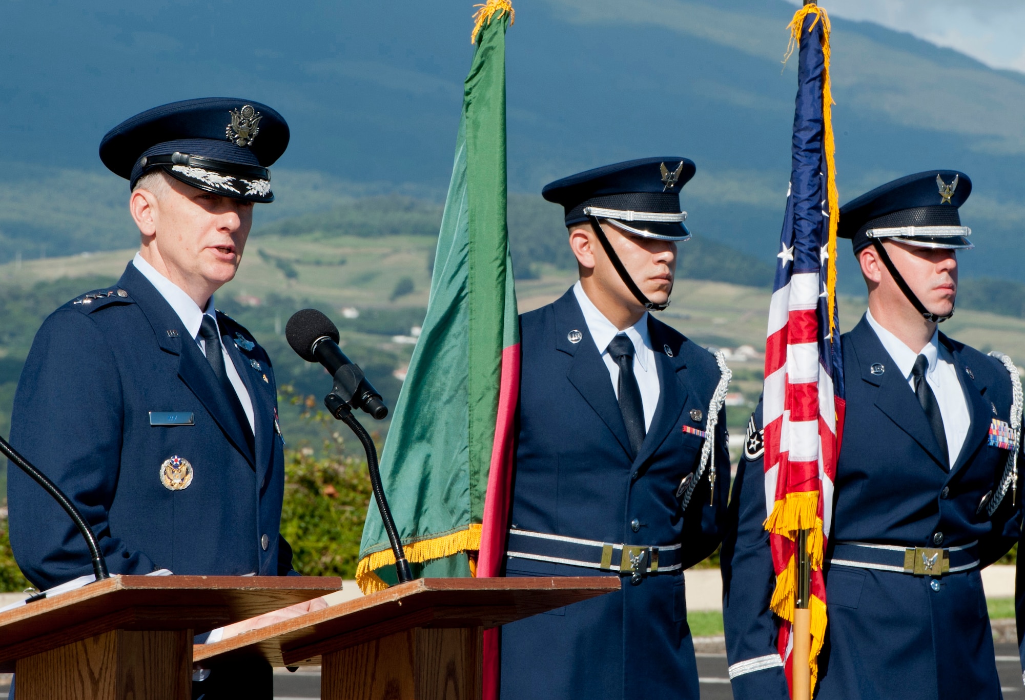 Lt. Gen. Timothy Ray, commander of the Third Air Force and 17th Expeditionary Air Force, speaks to members of the 65th Air Base Group during a Redesignation Ceremony on Lajes Field, Azores, Portugal, August 14, 2015. With this Redesignation Ceremony the 65th Air Base Group is now aligned under the 86th Airlift Wing and remains positioned to provide agile combat support and services to aircraft and aircrews. (U.S. Air Force photo by Master Sgt. Bradley C. Church) 