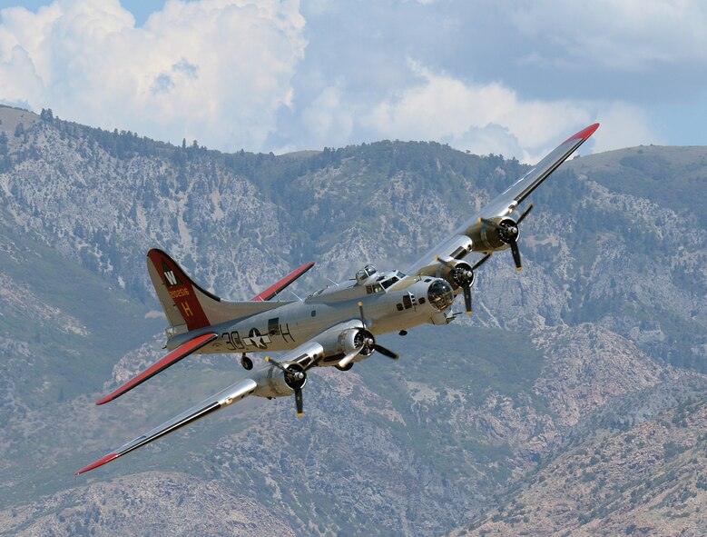 “Aluminum Overcast,” Experimental Aircraft Association’s B-17, banks right above Hill Air Force Base, Utah, Thursday, Aug. 13, 2015. EAA’s B-17 is painted to resemble B-17G #42-102515 of the 398th Bombardment Group (Heavy) that flew from RAF Nuthampstead, U.K., during World War II. That aircraft was shot down over Le Manior, France, Aug. 13, 1944, during its 34th combat mission. (U.S. Air Force Photo by R. Nial Bradshaw/Released) 