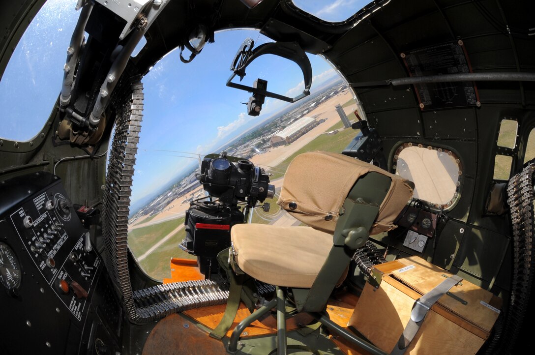 A view of Hill Air Force Base as seen from the bombardier’s seat aboard Experimental Aircraft Association’s B-17, "Aluminum Overcast." The aircraft passed through airspace above Hill, Thursday, Aug. 13, 2015. (U.S. Air Force Photo by Todd Cromar/Released)
