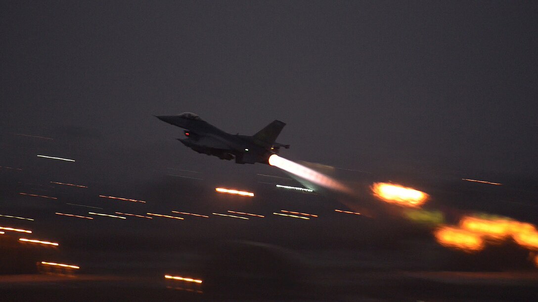 An F-16 Fighting Falcon takes off from Incirlik Air Base, Turkey, in support of Operation Inherent Resolve Aug. 12, 2015. This follows Turkey's decision to host the deployment of U.S. aircraft conducting counter-ISIL operations. The U.S. and Turkey, as members of the 60-plus nation coalition, are committed to the fight against ISIL in pursuit of peace and stability in the region. (U.S. Air Force photo by Senior Airman Krystal Ardrey /Released)