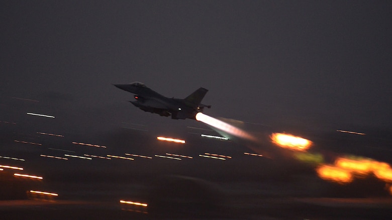 An F-16 Fighting Falcon takes off from Incirlik Air Base, Turkey, in support of Operation Inherent Resolve Aug. 12, 2015. This follows Turkey's decision to host the deployment of U.S. aircraft conducting counter-ISIL operations. The U.S. and Turkey, as members of the 60-plus nation coalition, are committed to the fight against ISIL in pursuit of peace and stability in the region. (U.S. Air Force photo by Senior Airman Krystal Ardrey /Released)