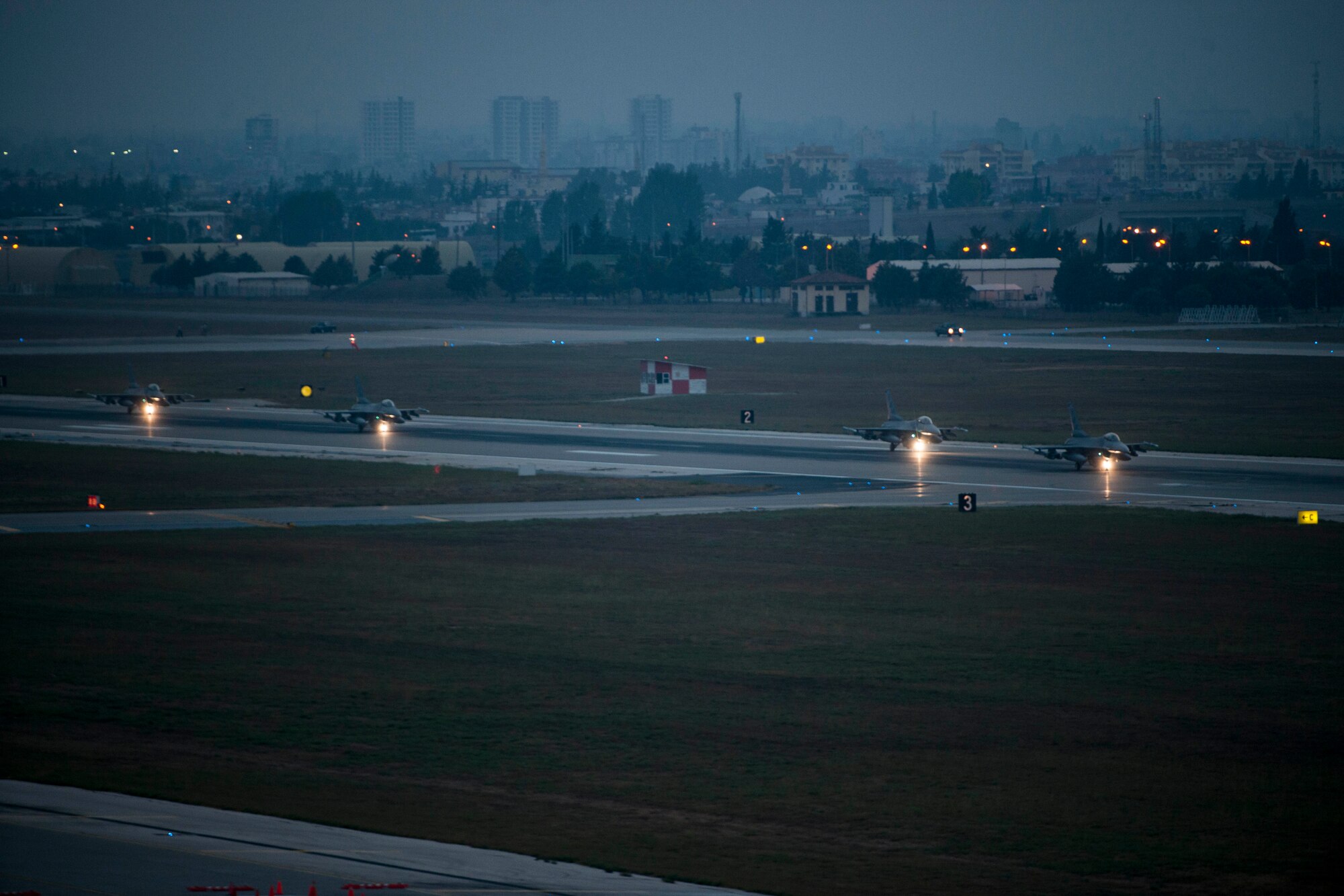 Four F-16 Fighting Falcons prepare to take off from Incirlik Air Base, Turkey, in support of Operation Inherent Resolve Aug. 12, 2015. This follows Turkey's decision to host the deployment of U.S. aircraft conducting counter-ISIL operations. The U.S. and Turkey, as members of the 60-plus nation coalition, are committed to the fight against ISIL in pursuit of peace and stability in the region. (U.S. Air Force photo by Senior Airman Krystal Ardrey /Released)