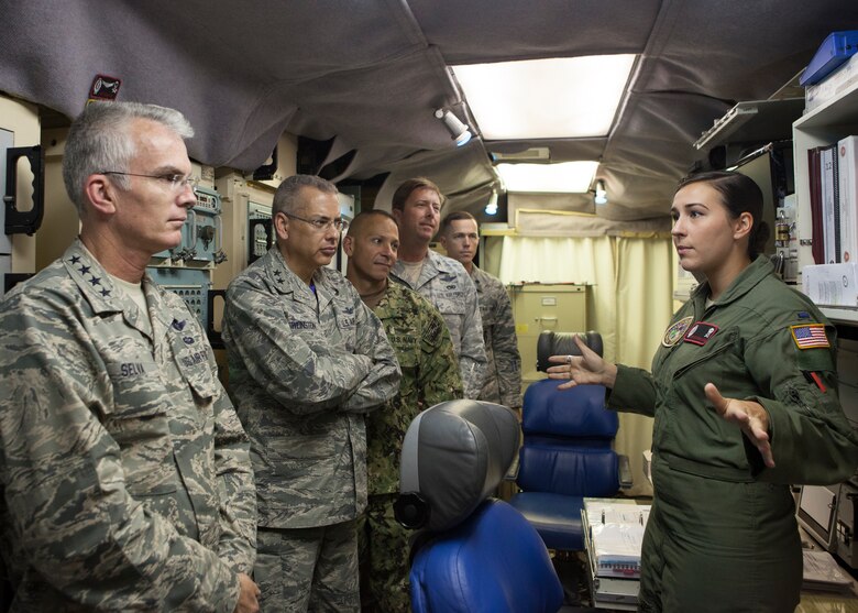 Gen. Paul J. Selva, vice chairman of the Joint Chiefs of Staff, listens as 1st Lt. Chelsea Ragland, 320th Missile Squadron, briefs him on the operational aspect of the ICBM mission in the launch control center below Missile Alert Facility I-01 in Nebraska, Aug. 14 2015. Selva became VCJCS on July 31, and wanted to become better oriented with the ICBM mission by visiting F.E. Warren Air Force Base. (U.S. Air Force photo by Lan Kim)