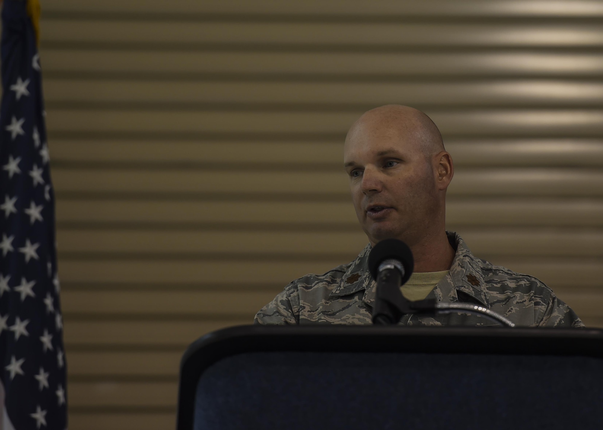Maj. Jonathan E. Izworski, 1st Special Operations Maintenance Squadron commander, speaks at his unit’s activation ceremony, Aug. 10, 2015, at Hurlburt Field, Fla. During the ceremony, the 1st Special Operations Component Maintenance Squadron and the 1st Special Operations Equipment Maintenance Squadron deactivated and formed the newly activated 1st SOMXS. (U.S. Air Force photo by Airman 1st Class Ryan Conroy/Released) 