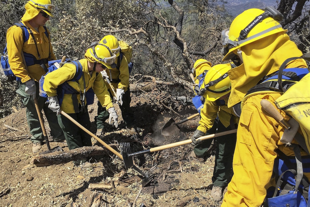 Soldiers help extinguish a small fire while battling the Rocky Fire near Clear Lake, Calif., Aug. 12, 2015. The soldiers are California National Guardsmen assigned to the 578th Brigade Engineer Battalion and the 1st Battalion, 18th Cavalry, 79th Infantry Brigade Combat Team.