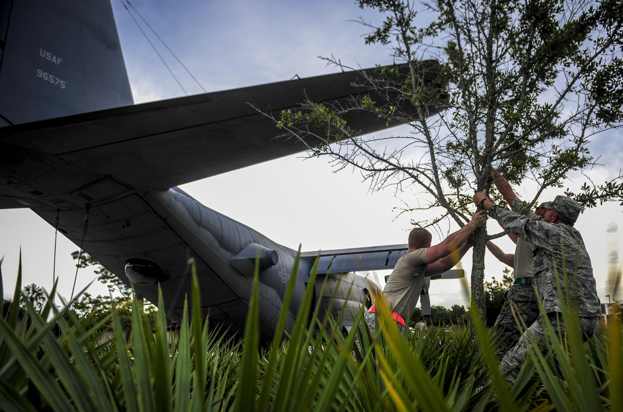 Airmen with the 1st Special Operations Aircraft Maintenance Squadron move a tree to avoid contact with the tail of an AC-130H Spectre on Hurlburt Field, Fla., Aug. 15, 2015. More than 40 personnel with eight base organizations were on site during the tow process. The AC-130H Spectre will be displayed at the North end of the Air Park. (U.S. Air Force photo by Senior Airman Meagan Schutter/Released)