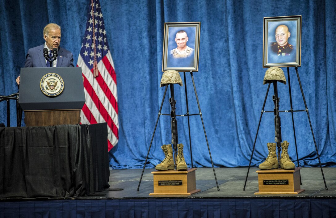 Vice President Joe Biden offers remarks during the memorial service for five slain service members at the University of Tennessee in Chattanooga, Tenn., Aug. 15, 2015. Defense Secretary Ash Carter joined Biden at the event, which honored the four Marines and one sailor who died from the July 16 shooting at the Navy Operational Support Center in Chattanooga.