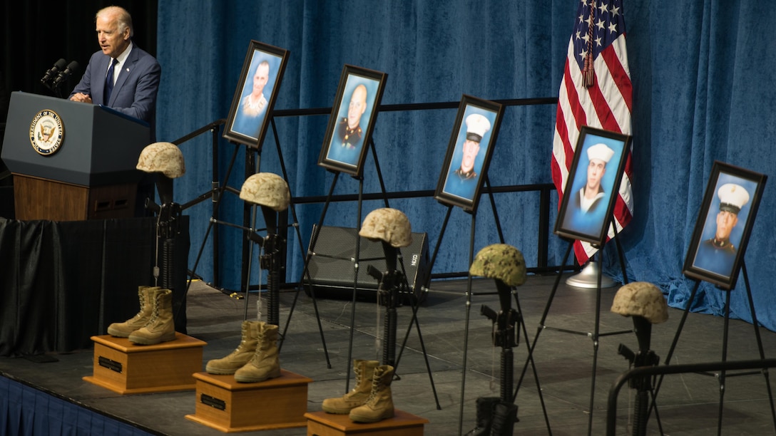 Joseph R. Biden, the Vice President of the United States, speaks at the Mckenzie Arena during the Chattanooga memorial service at the University of Tennessee at Chattanooga, Aug. 15, 2015. Four Marines and one sailor died during a shooting in Chattanooga, Tennessee, July 16, 2015. During the service, special guests including the Vice President, Secretary of Defense Ashton Carter, Secretary of the Navy Ray Mabus, 36th Commandant of the Marine Corps Joseph F. Dunford, and family members of the deceased service members, came to pay their last respects to the fallen service members.