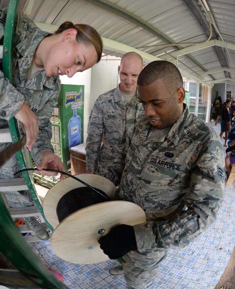 Air Force Reserve Tech Sgt. Carl Koenig, radio frequency transmissions technician (center), U.S. Air Force Senior Airman Trenton Freeman, client systems journeyman (right), and Tech Sgt. Jasmine Matus, radio frequency transmissions craftsman (left), 35th Combat Communications Squadron,  Tinker Air Force Base, Okla., work through their plan to wire the Dr. Salvador Paredes Hospital in Trujillo, Honduras, June 29, 2015. The combat communications Airmen were in the hospital to repair its ailing network and restore Internet connectivity as part of the New Horizons Honduras 2015 training exercise. (U.S. Air Force photo by Capt. David J. Murphy)
