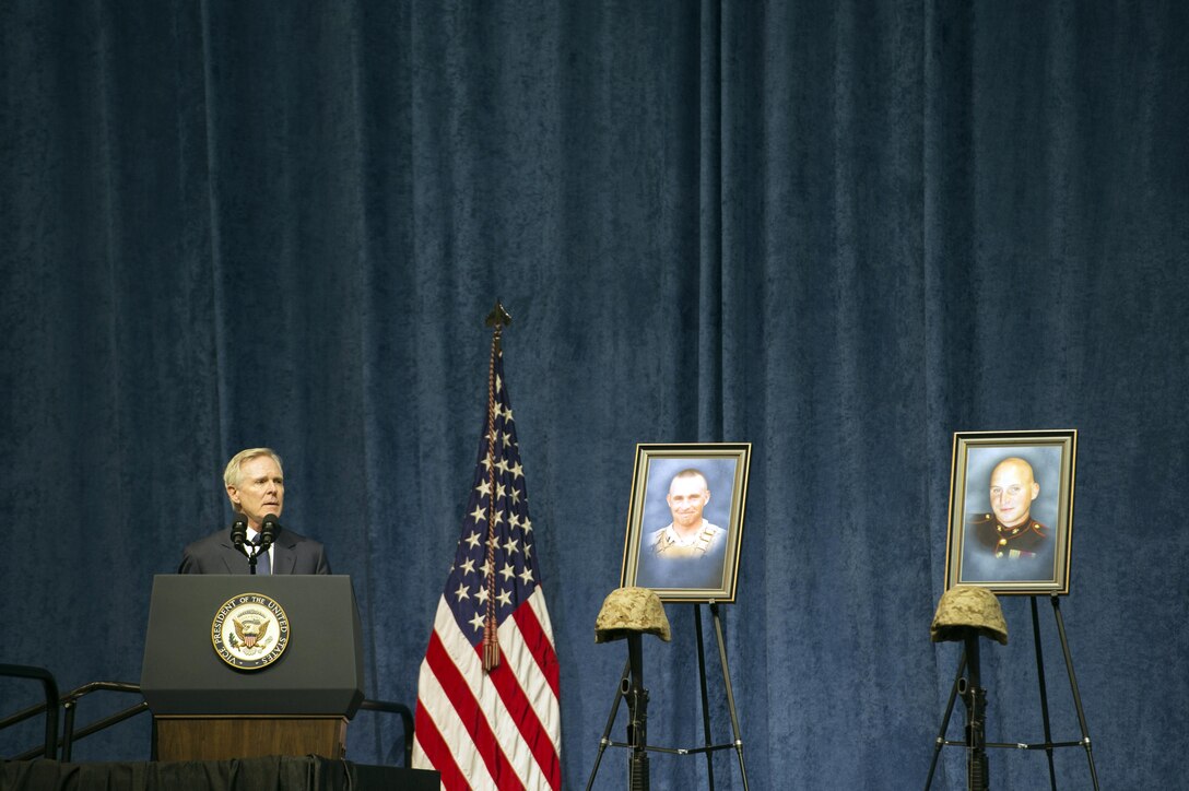 Secretary of the Navy Ray Mabus offers comments during the memorial service for five slain service members at the University of Tennessee in Chattanooga, Tenn., Aug. 15, 2015. Mabus joined Vice President Joe Biden and Defense Secretary Ash Carter at the event, which honored the four Marines and one sailor who died from the July 16 shooting.