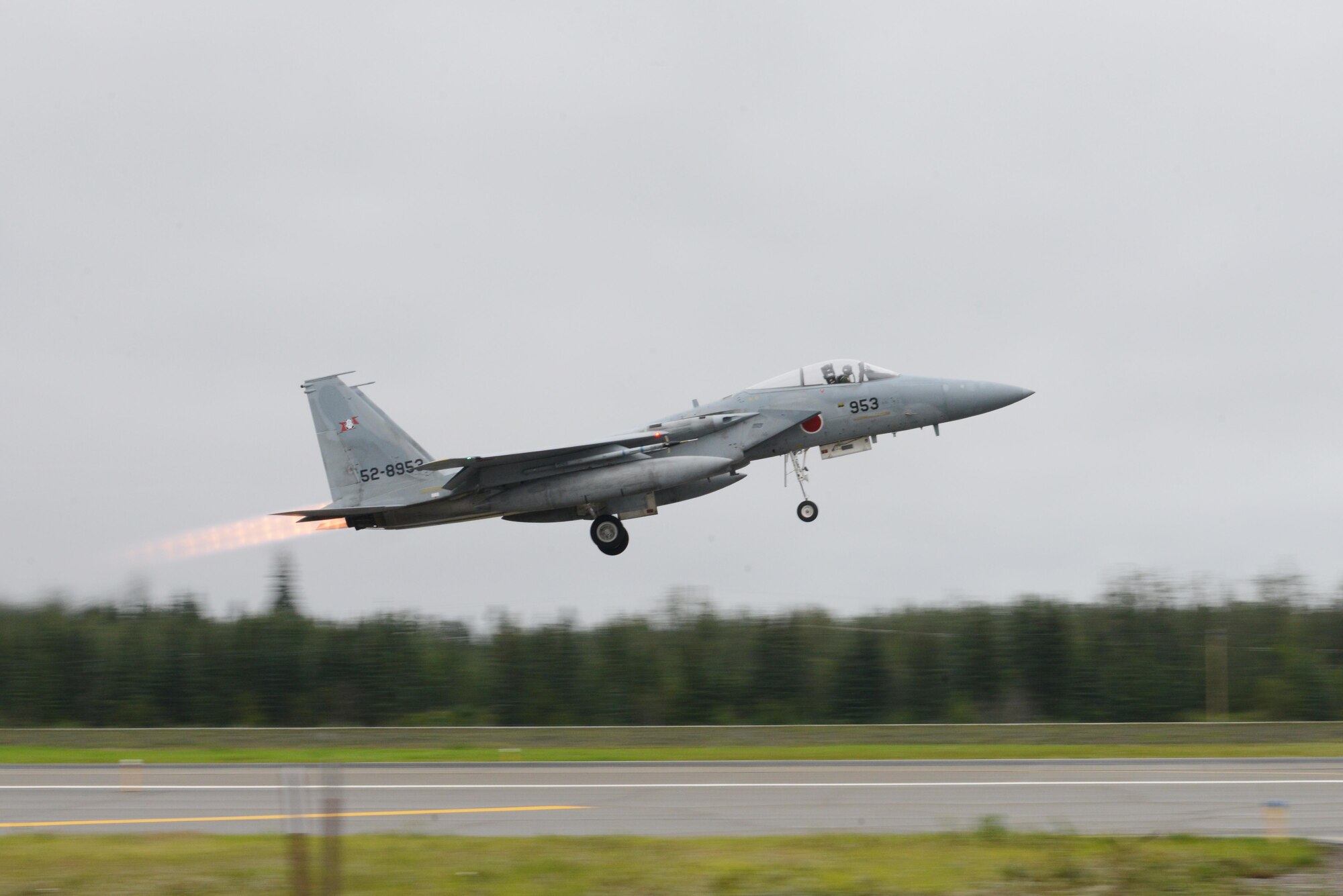 A Japanese Air Self-Defense Force F-15J Eagle takes off from Eielson Air Force Base, Alaska, Aug. 10, 2015, during RED FLAG-Alaska (RF-A) 15-3. RF-A is a series of Pacific Air Forces commander-directed field training exercises for U.S. and partner nation forces, providing combined offensive counter-air, interdiction, close air support and large force employment training in a simulated combat environment. (U.S. Air Force photo by Senior Airman Ashley Nicole Taylor/Released)