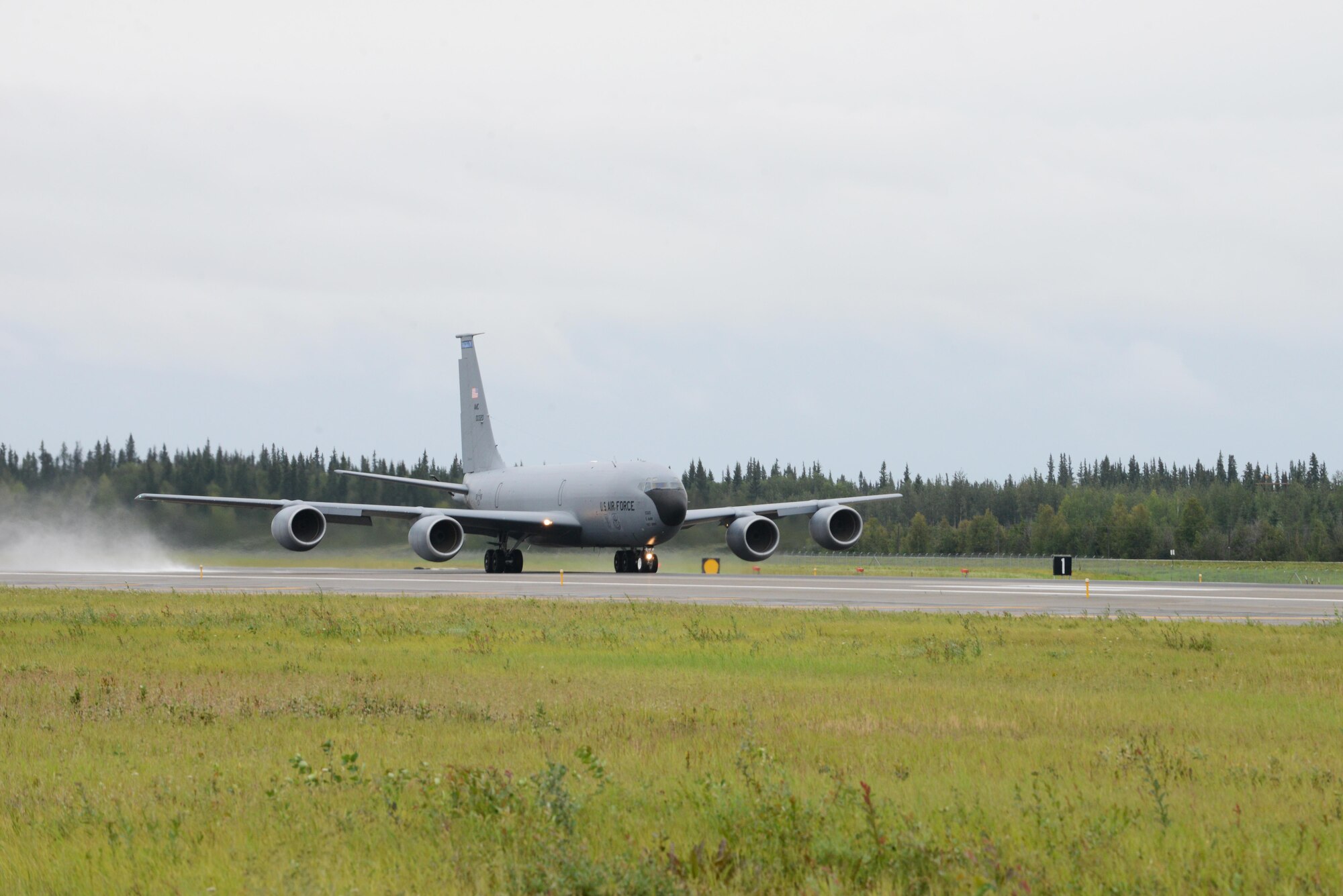 A U.S. Air Force KC-135R stratotanker assigned to the 22nd Air Refueling Wing, McConnell Air Force Base, Kan., takes off from Eielson Air Force Base, Alaska, Aug. 10, 2015, during RED FLAG-Alaska 15-3. RF-A is a series of Pacific Air Forces commander-directed field training exercises for U.S. and partner nation forces, providing combined offensive counter-air, interdiction, close air support and large force employment training in a simulated combat environment. (U.S. Air Force photo by Senior Airman Ashley Nicole Taylor/Released)