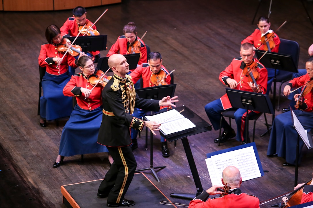 On Aug. 15, 2015, the Marine Chamber Orchestra performed at the Rachel M. Schlesinger Concert Hall at Northern Virginia Community College in Alexandria. The program included works by Russell Peck, Boris Papandopulo, Alexander Glazunov, and George Antheil. (U.S. Marine Corps photo by Staff Sgt. Brian Rust/released) 
