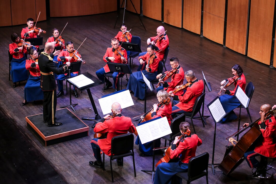 On Aug. 15, 2015, the Marine Chamber Orchestra performed at the Rachel M. Schlesinger Concert Hall at Northern Virginia Community College in Alexandria. The program included works by Russell Peck, Boris Papandopulo, Alexander Glazunov, and George Antheil. (U.S. Marine Corps photo by Staff Sgt. Brian Rust/released) 
