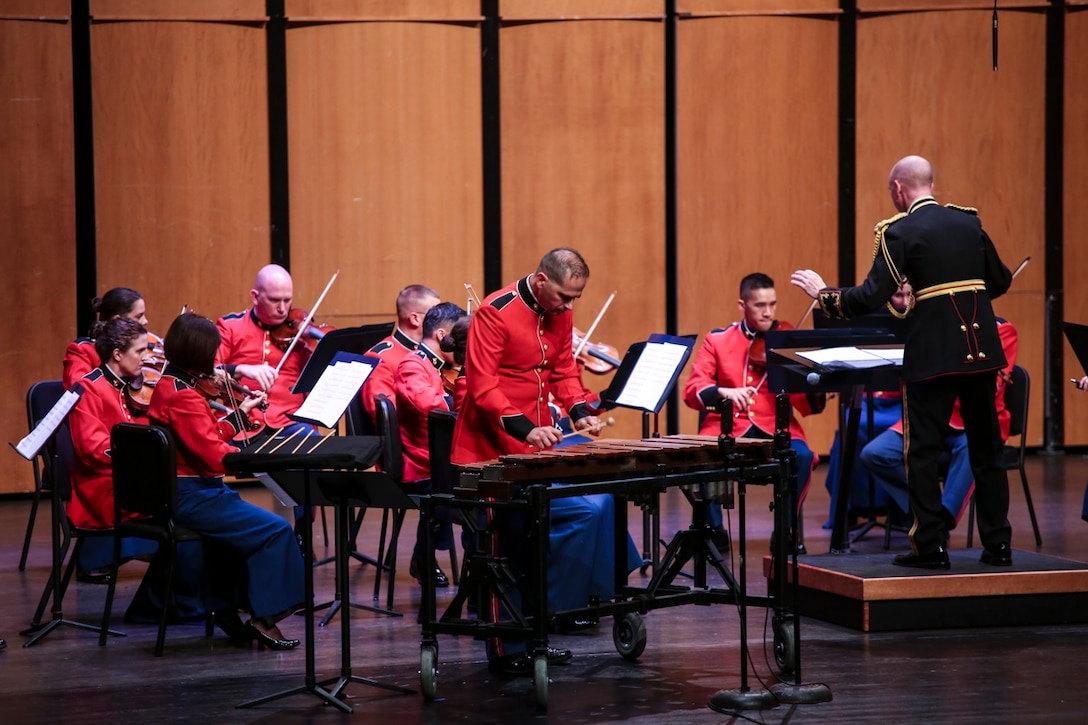 On Aug. 15, 2015, the Marine Chamber Orchestra performed at the Rachel M. Schlesinger Concert Hall at Northern Virginia Community College in Alexandria. The program included works by Russell Peck, Boris Papandopulo, Alexander Glazunov, and George Antheil. (U.S. Marine Corps photo by Staff Sgt. Brian Rust/released) 
