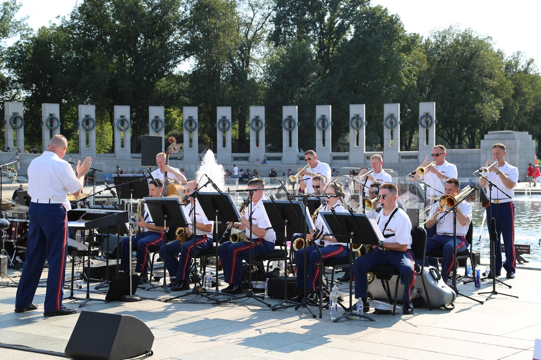 On Aug. 16, 2015, the U.S. Marine Big Band performed at the National World War II Memorial in Washington, D.C., in commemoration of the 70th anniversary of the end of World War II.  (U.S. Marine Corps photo by Staff Sgt. Rachel Ghadiali/released)