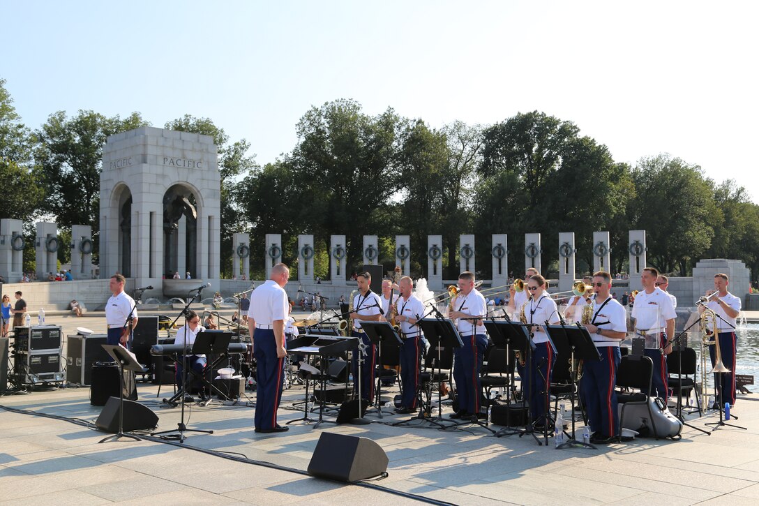 On Aug. 16, 2015, the U.S. Marine Big Band performed at the National World War II Memorial in Washington, D.C., in commemoration of the 70th anniversary of the end of World War II.  (U.S. Marine Corps photo by Staff Sgt. Rachel Ghadiali/released)