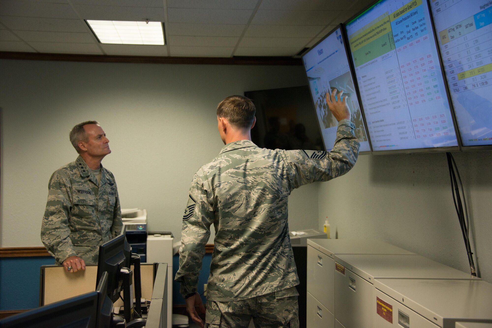 Lt. Gen. Darryl Roberson, commander of Air Education and Training Command, is briefed by Master Sgt. Stephen Cox, 2nd Air Force technical training operations, on basic military training Aug. 11, 2015, at Keesler Air Force Base, Mississippi. During Roberson’s two-day site visit to Keesler he also toured the 81st Medical Group, Levitow Training Support Facility and Trainer Development Center while accompanied by his wife, Cheryl, and Chief Master Sgt. Gerardo Tapia, AETC command chief. (U.S. Air Force photo by Marie Floyd)