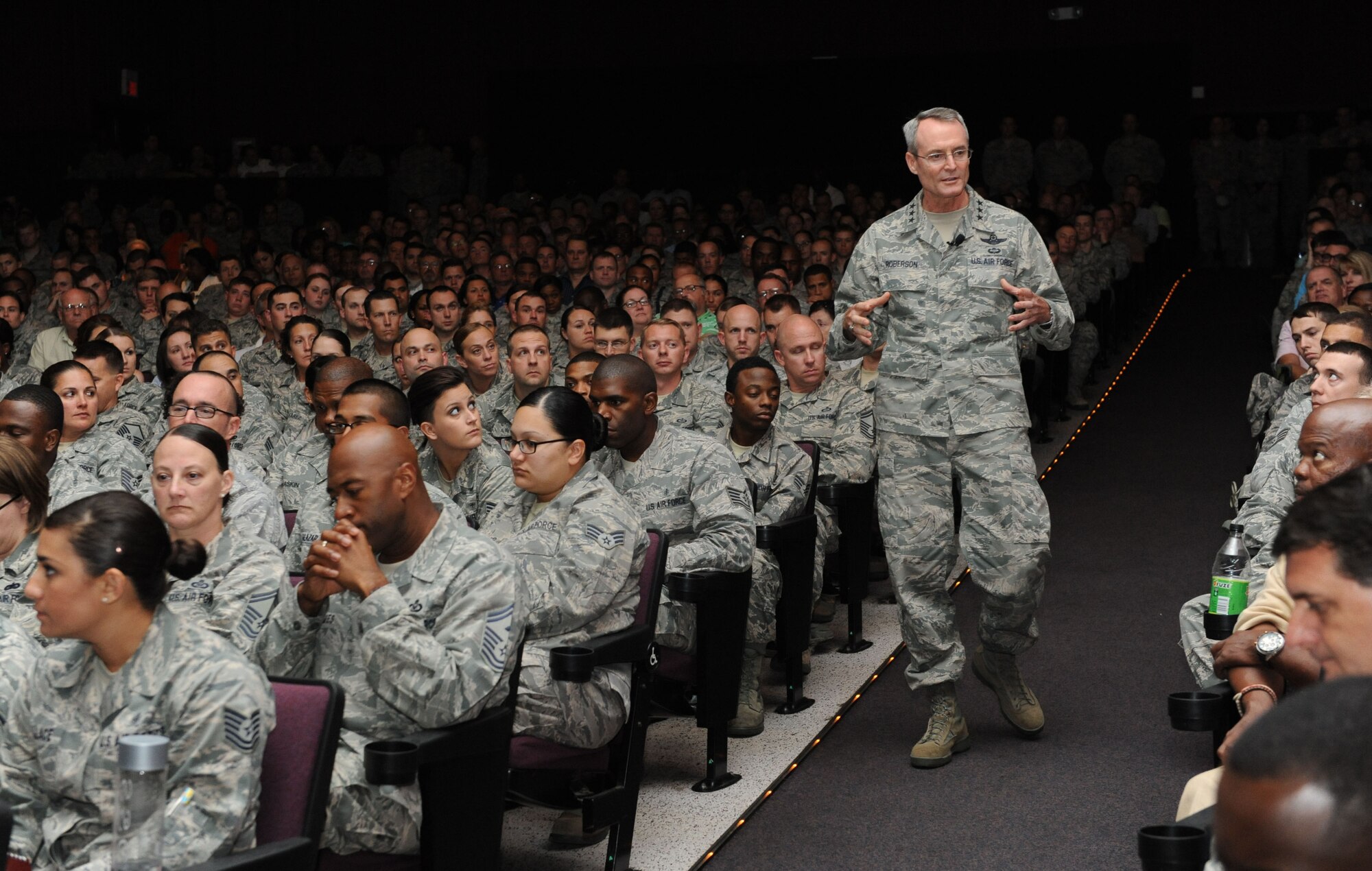 Lt. Gen. Darryl Roberson, commander of Air Education and Training Command, speaks to Keesler personnel during a base all call Aug. 12, 2015, at the Welch Theater, Keesler Air Force Base, Mississippi. During Roberson’s two-day site visit to Keesler he also toured the 81st Medical Group, Levitow Training Support Facility, Trainer Development Center and 2nd Air Force headquarters, while accompanied by his wife, Cheryl, and Chief Master Sgt. Gerardo Tapia, AETC command chief. (U.S. Air Force photo by Kemberly Groue)