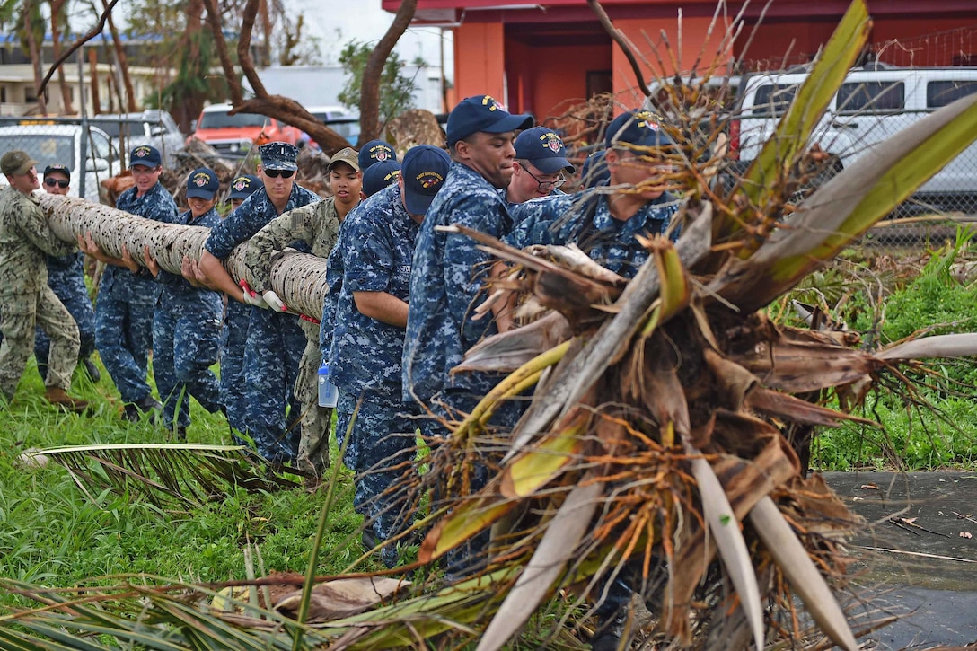 U.S Marines and sailors clear a fallen tree during a community service project at an elementary school in Saipan in the aftermath of Typhoon Soudelor in Garapan, Saipan, Aug. 14, 2015. The Marines are assigned to 31st Marine Expeditionary Unit, and the sailors are assigned to the USS Ashland. The ship and its embarked Marine unit patrollingin the U.S. 7th Fleet area of operations. U.S. Navy photo by Petty Officer 3rd Class David A. Cox