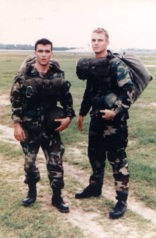Circa 1992, then 2nd Lt. William A. Allen (left) and ROTC Cadet Stephen R. Allen (right), pose after finishing a parachute jump at Fryar Drop Zone near Fort Benning, Georgia. The sons of Blue Star Mother Martha Coley, the pair commissioned just two years apart (1991 and 1993, respectively) and enjoyed lengthy careers as Air Force pilots. Their assignments included deployments to Iraq, Afghanistan, Africa and Bosnia.