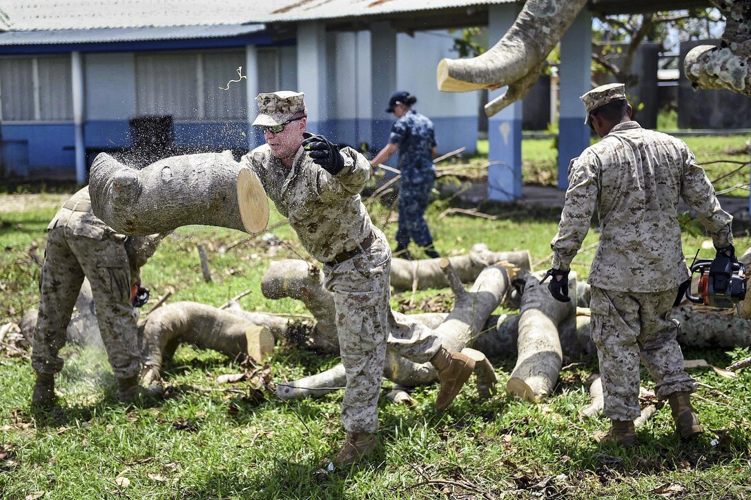 U.S Marines and sailors clear a fallen tree during a community service project at an elementary school after Typhoon Soudelor in Garapan, Saipan, Aug. 14, 2015. The Marines are assigned to 31st Marine Expeditionary Unit and the sailors are assigned to the USS Ashland. The ship and the embarked Marine unit are patrolling in the U.S. 7th Fleet area of operations. U.S. Navy photo by Petty Officer 3rd Class David A. Cox