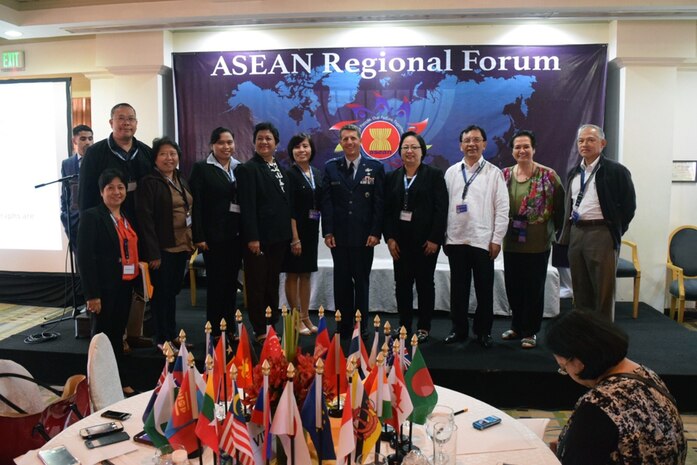 MANILA, Philippines (Aug. 13, 2015) - Senior leaders from the Philippine delegation at the ASEAN Regional Forum Bio-Preparedness and Disaster Response Table-Top Exercise Workshop stand with Maj. Gen. Michael Compton, head of the U.S. Delegation and Air National Guard assistant to the commander of Pacific Air Forces. The event was co-chaired by representatives from the Philippines and the United States featuring 26 countries and the European Union refining current national Bio-Preparedness and Disaster Response plans for the Pacific region. 