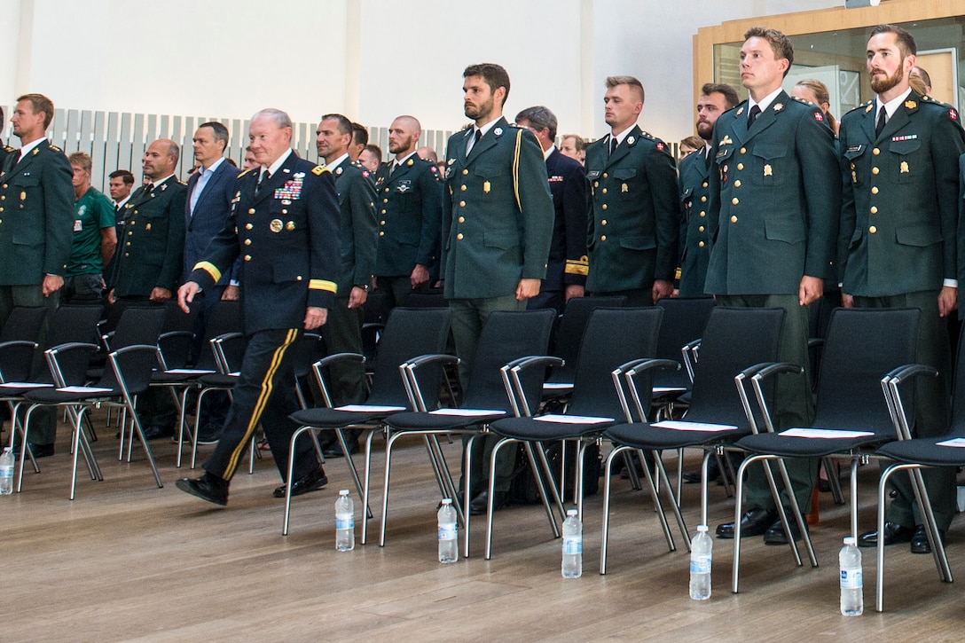 U.S. Army Gen. Martin E. Dempsey, chairman of the Joint Chiefs of Staff,  arrives to talk with about 150 Danish army cadets at the Royal Danish Army Academy in Copenhagen, Denmark, Aug. 17, 2015. DoD photo by D. Myles Cullen
