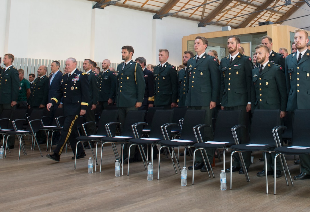 U.S. Army Gen. Martin E. Dempsey, chairman of the Joint Chiefs of Staff,  arrives to talk with about 150 Danish army cadets at the Royal Danish Army Academy in Copenhagen, Denmark, Aug. 17, 2015. DoD photo by D. Myles Cullen