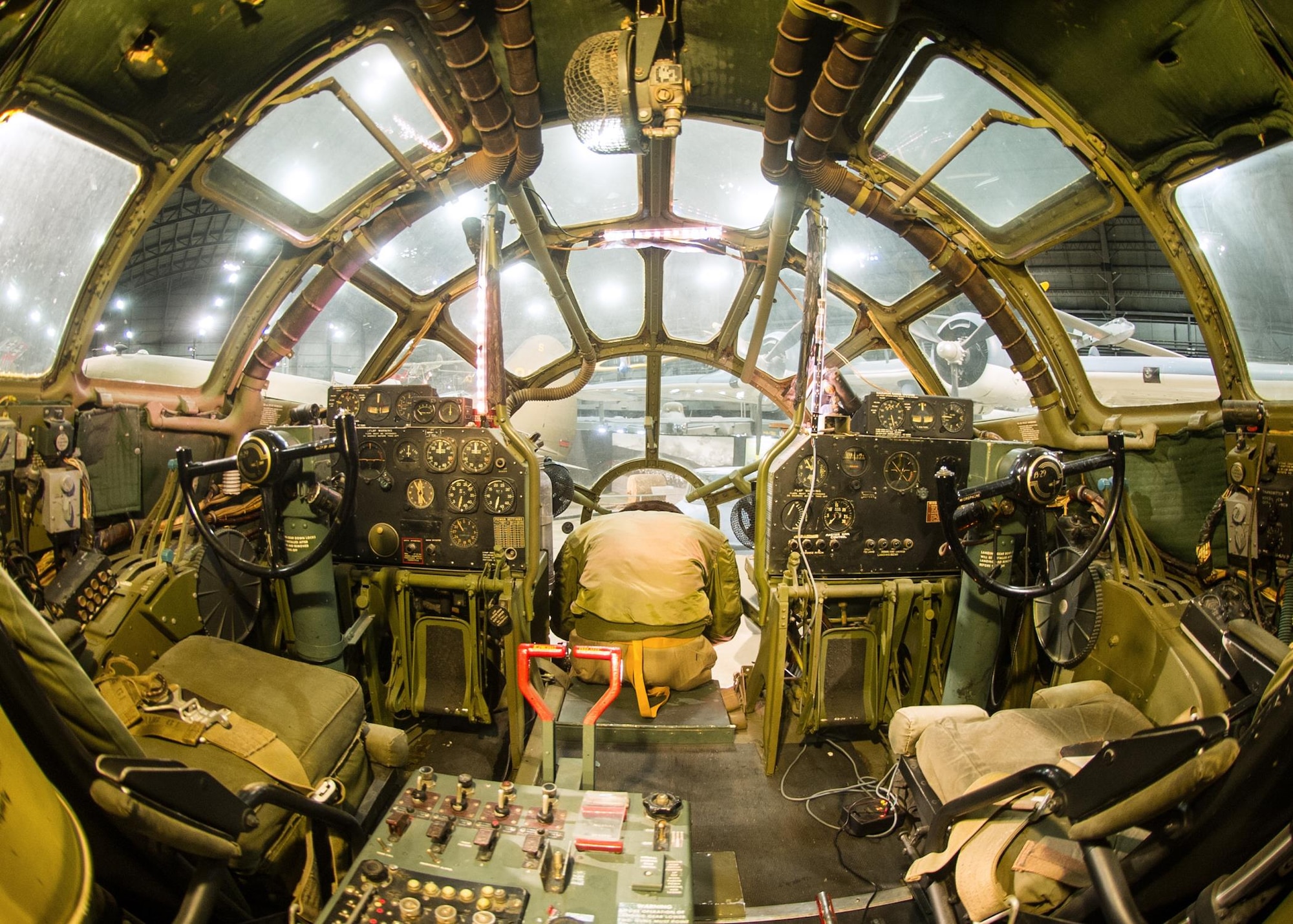 DAYTON, Ohio - Boeing B-29 Superfortress "Bockscar" interior view of the cockpit in the WWII Gallery at the National Museum of the U.S. Air Force. (U.S. Air Force photo)