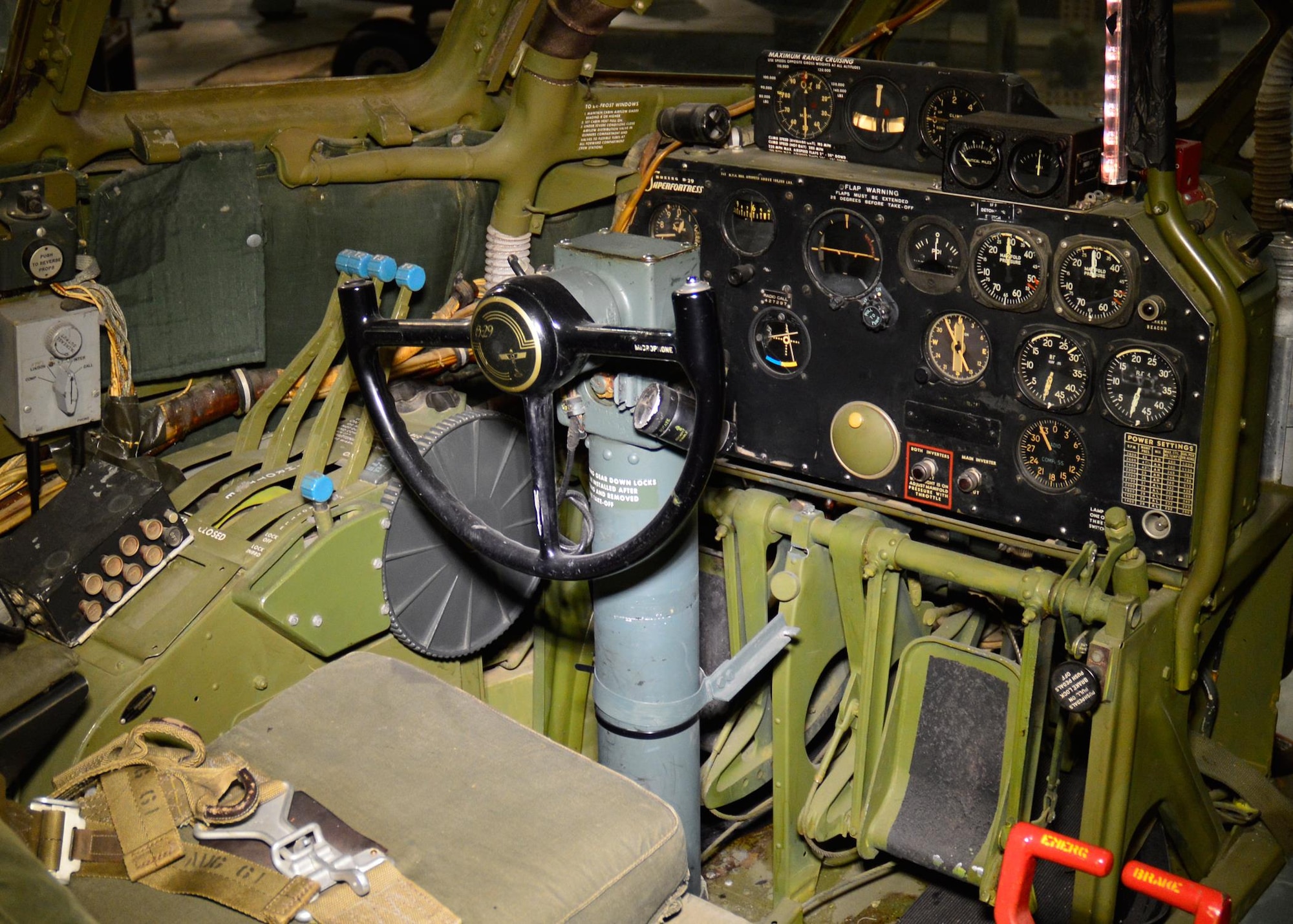 DAYTON, Ohio - Boeing B-29 Superfortress "Bockscar" interior view of the pilot position in the WWII Gallery at the National Museum of the U.S. Air Force. (U.S. Air Force photo)