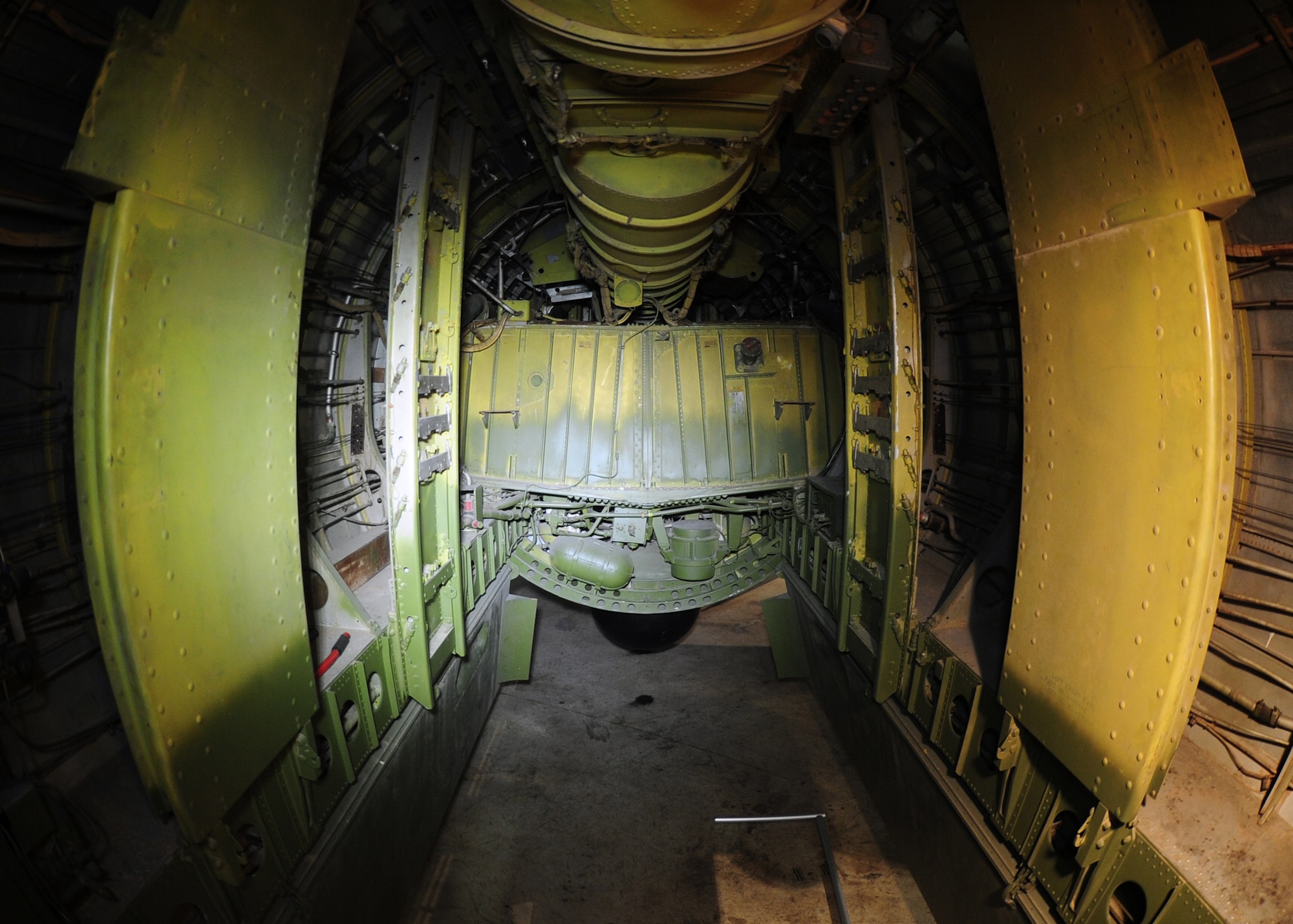 DAYTON, Ohio - Boeing B-29 Superfortress "Bockscar" interior view of the bomb bay in the WWII Gallery at the National Museum of the U.S. Air Force. (U.S. Air Force photo)