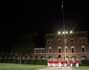 The United States Marine Band performs during a Friday Evening Parade at Marine Barracks Washington, D.C., Aug. 14, 2015. The guest of honor for the Evening Parade was Lance Cpl. Joshua Leakey, recipient of the Victoria Cross, the highest decoration for valor in the British and Commonwealth armed forces, and the hosting official was Lt. Gen. Jon Davis, deputy commandant for Aviation. (Official Marine Corps photo by Cpl. Chi Nguyen/Released)