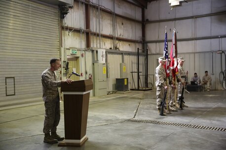 U.S. Marine Col. Jay M. Bargeron, the commanding officer of 7th Marine Regiment, recounts the regiment’s history and individual heroics during the unit’s 98th anniversary ceremony, held in an undisclosed location in Southwest Asia, Aug. 15, 2015. The 7th Marine Regiment Headquarters and 3rd Battalion, 7th Marines are currently deployed with the SPMAGTF-CR-CC and took time to remember the regiment’s storied history and rededicate themselves to their current work with Operation Inherent Resolve.