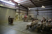 U.S. Marine Col. Jay M. Bargeron, the commanding officer of 7th Marine Regiment, gives a speech during the 7th Marine Regiment’s 98th anniversary ceremony, held in an undisclosed location in Southwest Asia, Aug. 15, 2015. The 7th Marine Regiment Headquarters and 3rd Battalion, 7th Marines are currently deployed with the SPMAGTF-CR-CC and took time to remember the regiment’s storied history and rededicate themselves to their current work with Operation Inherent Resolve.