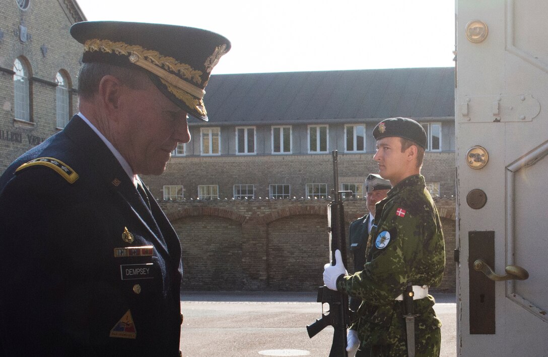 U.S. Army Gen. Martin E. Dempsey, chairman of the Joint Chiefs of Staff, enters the Danish command headquarters for meetings with Danish defense leaders in Copenhagen, Denmark, Aug. 17, 2015. DoD photo by D. Myles Cullen