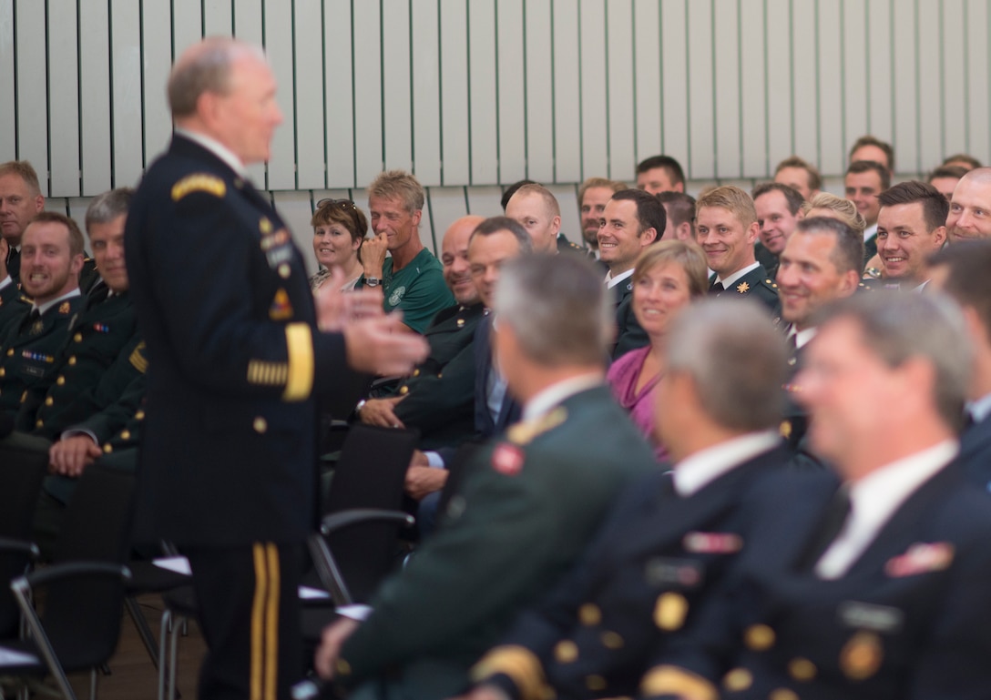 U.S. Army Gen. Martin E. Dempsey, chairman of the Joint Chiefs of Staff, talks with about 150 Danish army cadets at the Royal Danish Army Academy in Copenhagen, Denmark, Aug. 17, 2015. DoD photo by D. Myles Cullen