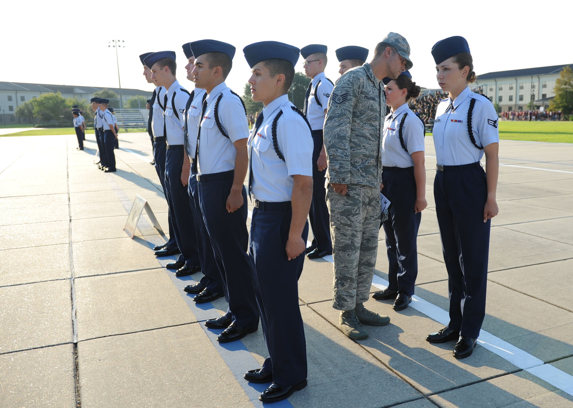 Staff Sgt. Stephen Pillitiere, 81st Training Support Squadron military training leader, conducts an open ranks inspection on Airmen in the 338th Training Squadron during the 81st Training Group drill down Aug. 14, 2015, at the Levitow Training Support Facility Drill Pad, Keesler Air Force Base, Miss. The 338th TRS “Dark Knights” placed third in the open ranks competition. (U.S. Air Force photo by Kemberly Groue)