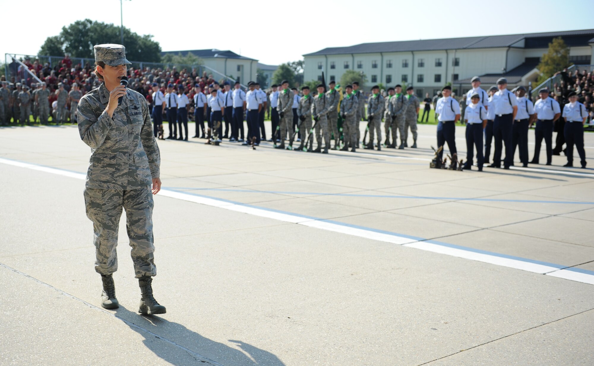 Col. Michele Edmondson, 81st Training Wing commander, makes closing remarks during the 81st Training Group drill down Aug. 14, 2015, at the Levitow Training Support Facility Drill Pad, Keesler Air Force Base, Miss. The 334th Training Squadron placed first overall for the competition. (U.S. Air Force photo by Kemberly Groue)