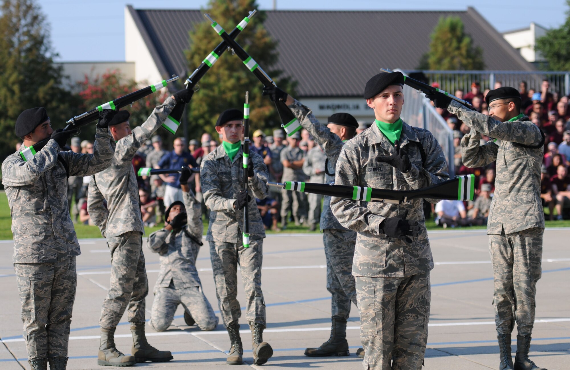 Members of the 334th Training Squadron perform during the freestyle portion of the 81st Training Group drill down Aug. 14, 2015, at the Levitow Training Support Facility Drill Pad, Keesler Air Force Base, Miss. The 334th TRS “Gators” placed second in the freestyle competition and first overall. (U.S. Air Force photo by Kemberly Groue)