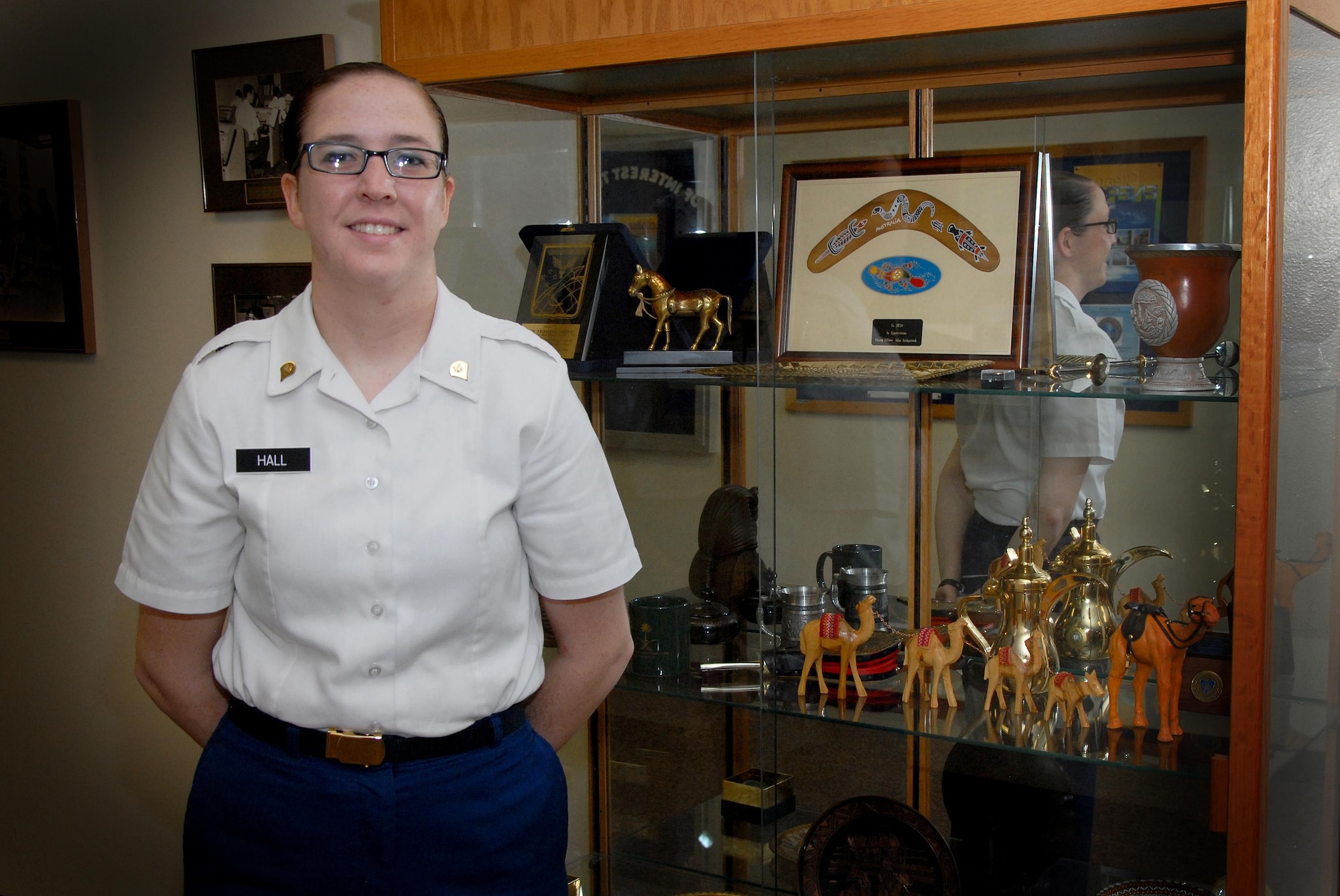 U.S. Army Spc. Ashley E. Hall, 316th Training Squadron student, poses for a photo on in Brandenberg Hall on Goodfellow Air Force Base, Texas, Aug. 7, 2015. Hall is the 17th Training Group July Student of the Month Spotlight, a series highlighting Team Goodfellow students. (U.S. Air Force photo by Senior 
Airman Joshua Edwards/Released)
