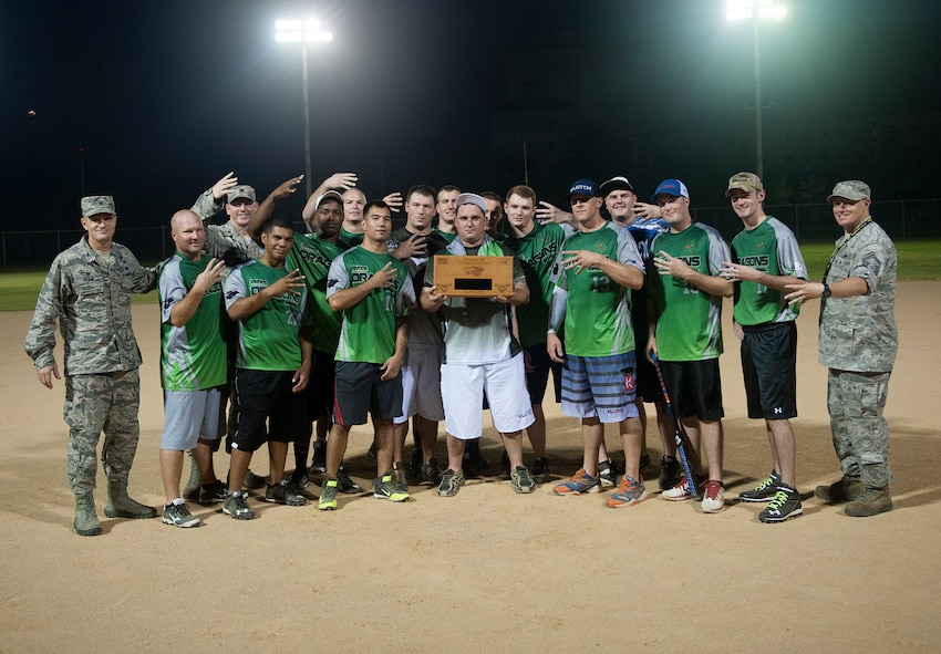 The 8th Maintenance Squadron poses for a 2015 softball intramural championship photo at Kunsan Air Base, Republic of Korea, Aug. 17. The MXS dragons finished off a great season on with a 10-1 record. (U.S. Air Force photo by Senior Airman Divine Cox/Released) 