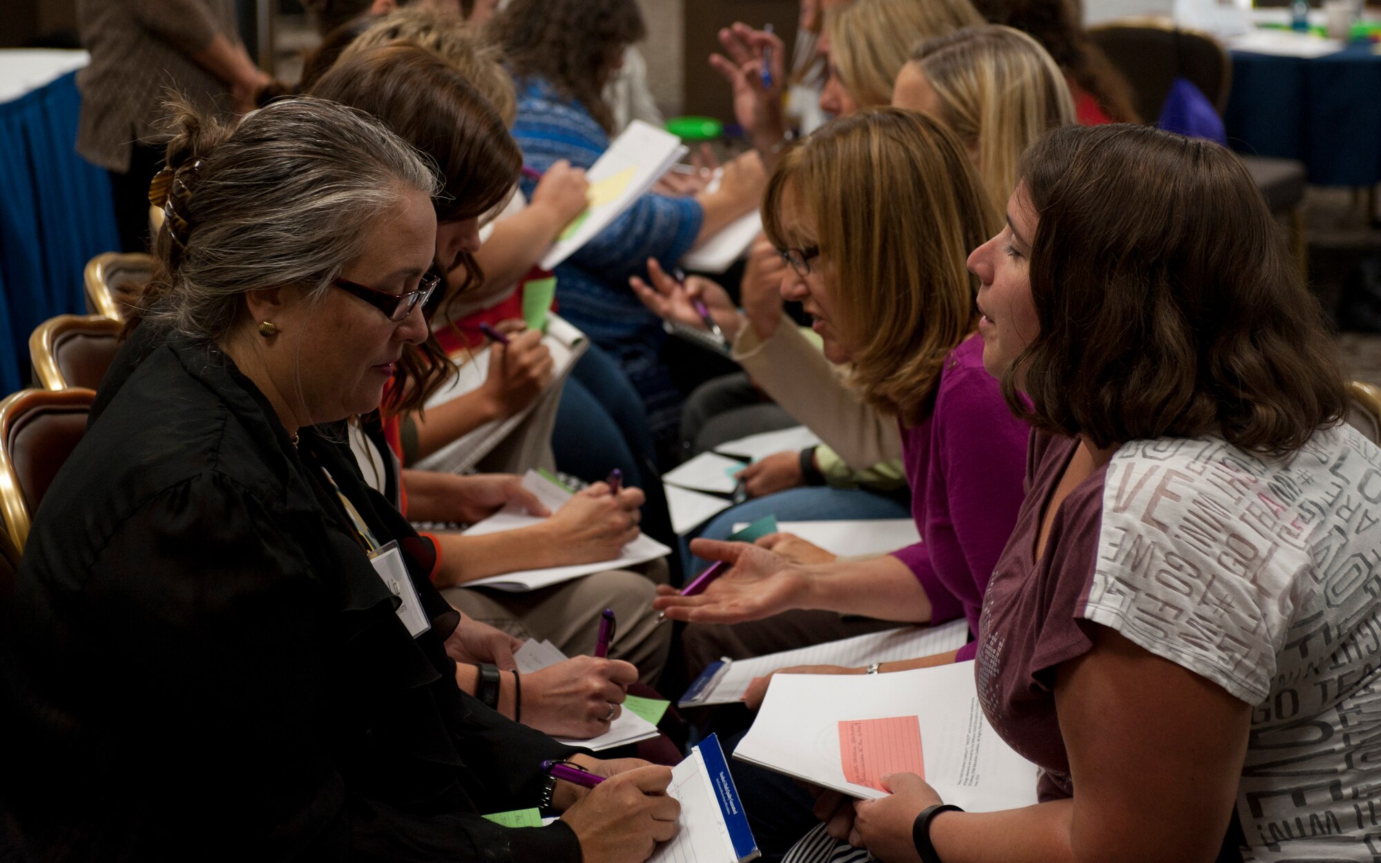 Attendees of the Military Child Education Coalition interview each other using questions about strategies regarding how to support military children and families Aug. 7, 2015, in the Red Morgan Center at Fairchild Air Force Base, Wash. Throughout the workshop attendees participated in various activities to help facilitate thought. (U.S. Air Force photo/Airman Sean Campbell)