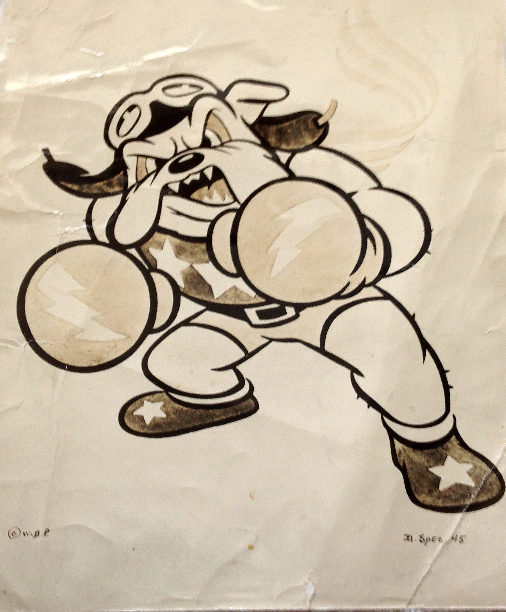 Disney himself took on a personal project for the war effort which was creating unique insignia to not only bring humor to units, but to help boost morale at home and overseas.  More and more of Disney’s art was used as decals on tanks, trucks, bombs, planes and many different types of military transport and equipment. The boxing bulldog was presented to Sgt. Seymour Pine by Walt Disney, himself, while serving in the 62nd Fighter Squadron as a Stars and Stripes reporter. (Courtesy photo from Richard Pine)