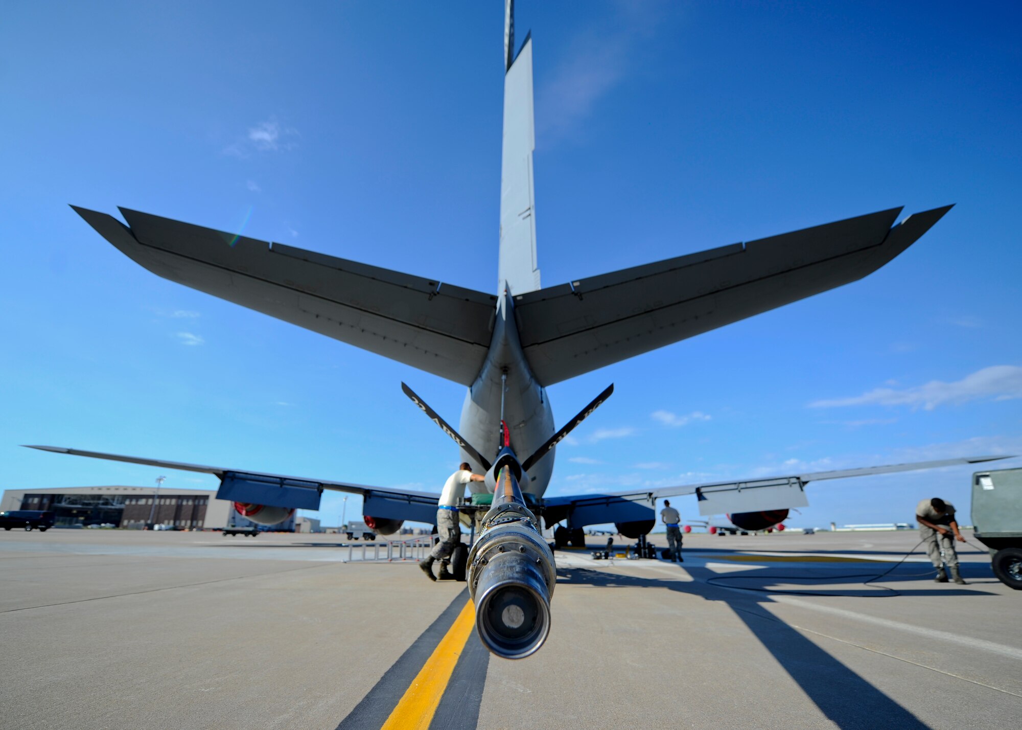 Airmen from the 22nd Aircraft Maintenance Squadron hydraulics shop inspect the boom of a KC-135 Stratotanker, Aug. 13, 2015, at McConnell Air Force Base, Kan. The Airmen were performing an hourly post-flight inspection on the aircraft, which is one of several dozen KC-135s assigned to McConnell, the Air Force’s premiere aerial refueling hub. (U.S. Air Force photo by Senior Airman Victor J. Caputo)