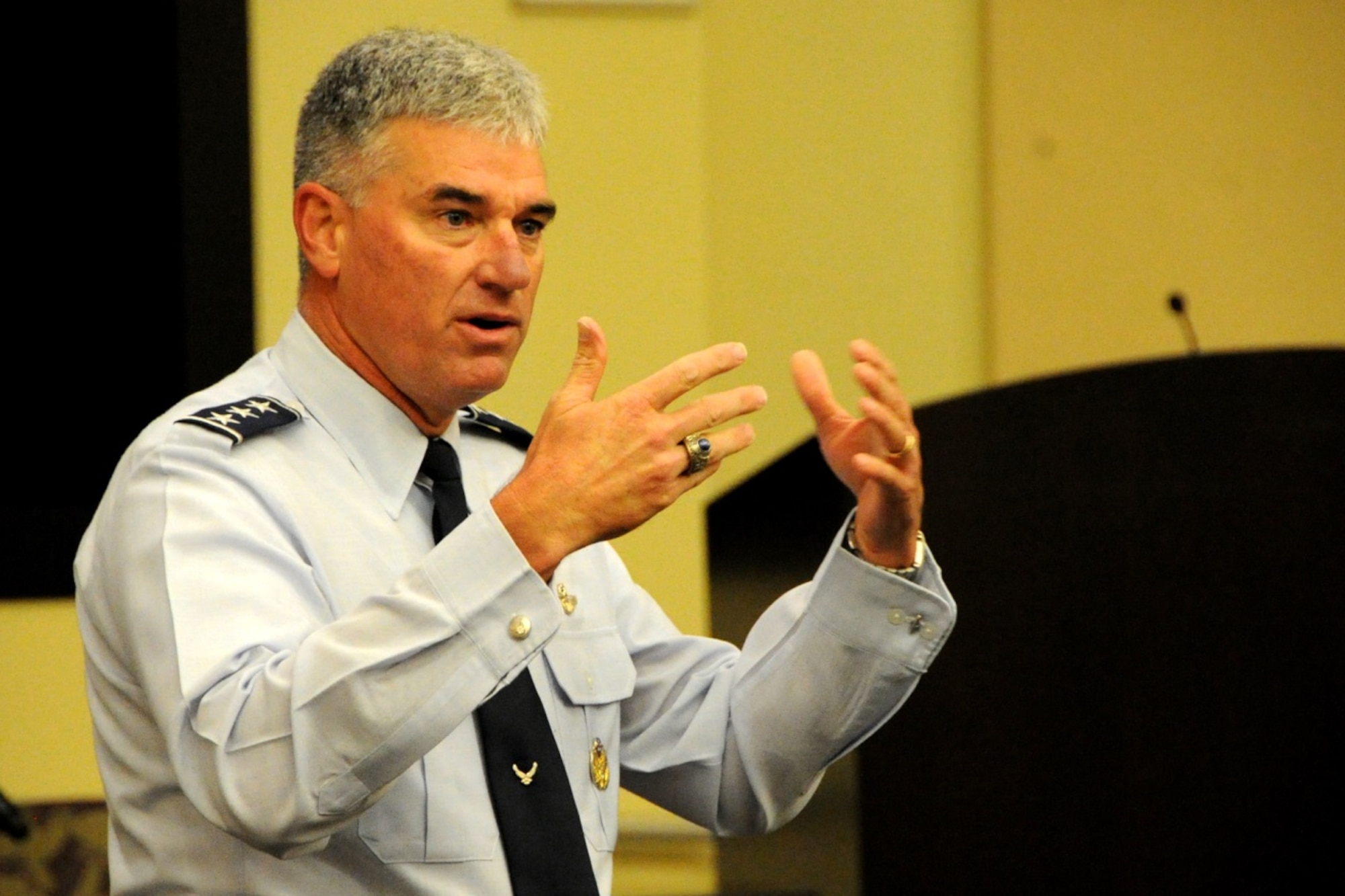 Lt. Gen. Samuel Cox, Deputy Chief of Staff for Manpower, Personnel and Services, Headquarters U.S. Air Force, addresses the Air Force Equal Opportunity Worldwide Functional Training Workshop on Joint Base Andrews, Md., Aug. 4, 2015. The event provides over 230 equal opportunity and human relations professionals with essential training to better the support they provide. (U.S. Air Force photo/Staff Sgt. Matt Davis)