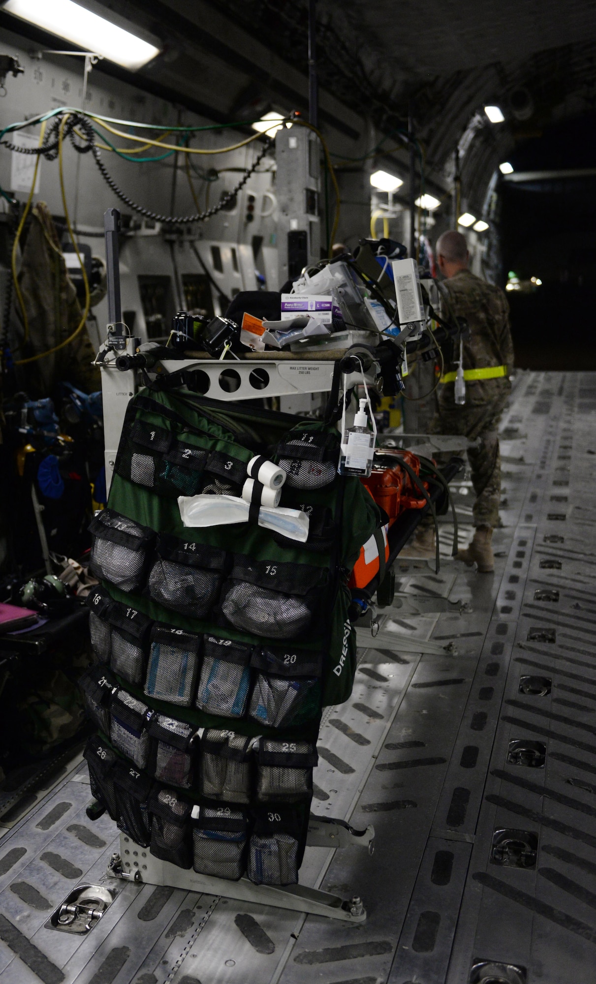 Aeromedical evacuation equipment and supplies are readied by U.S. Airmen assigned to the 455th Expeditionary Aeromedical Evacuation Squadron for an AE mission aboard a C-17 Globemaster III aircraft from Bagram Airfield, Afghanistan, to Ramstein Air Base, Germany, Aug. 8, 2015. The 455th EAES Airmen are charged with the responsibility of evacuating the sick and wounded from Central Command to higher echelons of medical care. (U.S. Air Force photo by Maj. Tony Wickman/Released)  