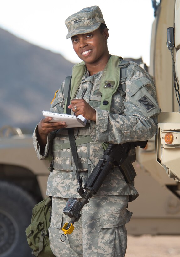 U.S. Army Reserve warrant officer candidate Sofia Olds, an automated logistical specialist with the 787th Combat Sustainment Support Battalion in Dothan, Ala., accounts for vehicles during a field training exercise at the National Training Center, Fort Irwin, Calif., Aug. 15, 2015. U.S. Army photo by Maj. W. Chris Clyne